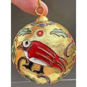 Vintage Cloisonné Ball Ornament Metal Embossed Enamel White Red Bird